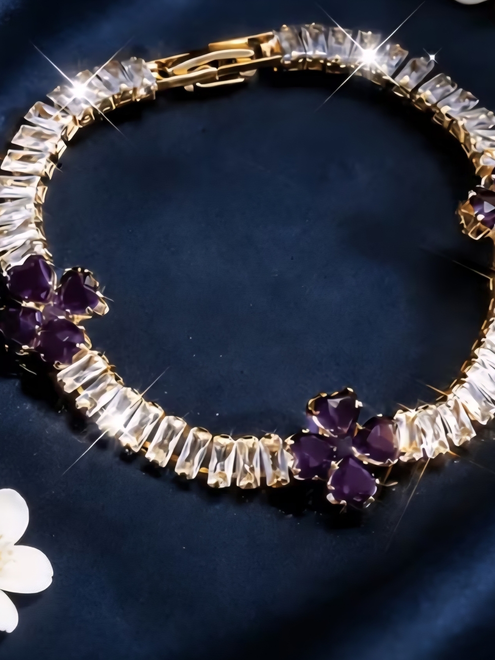 Gold Tennis Bracelet with Purple Flower Gem Accents